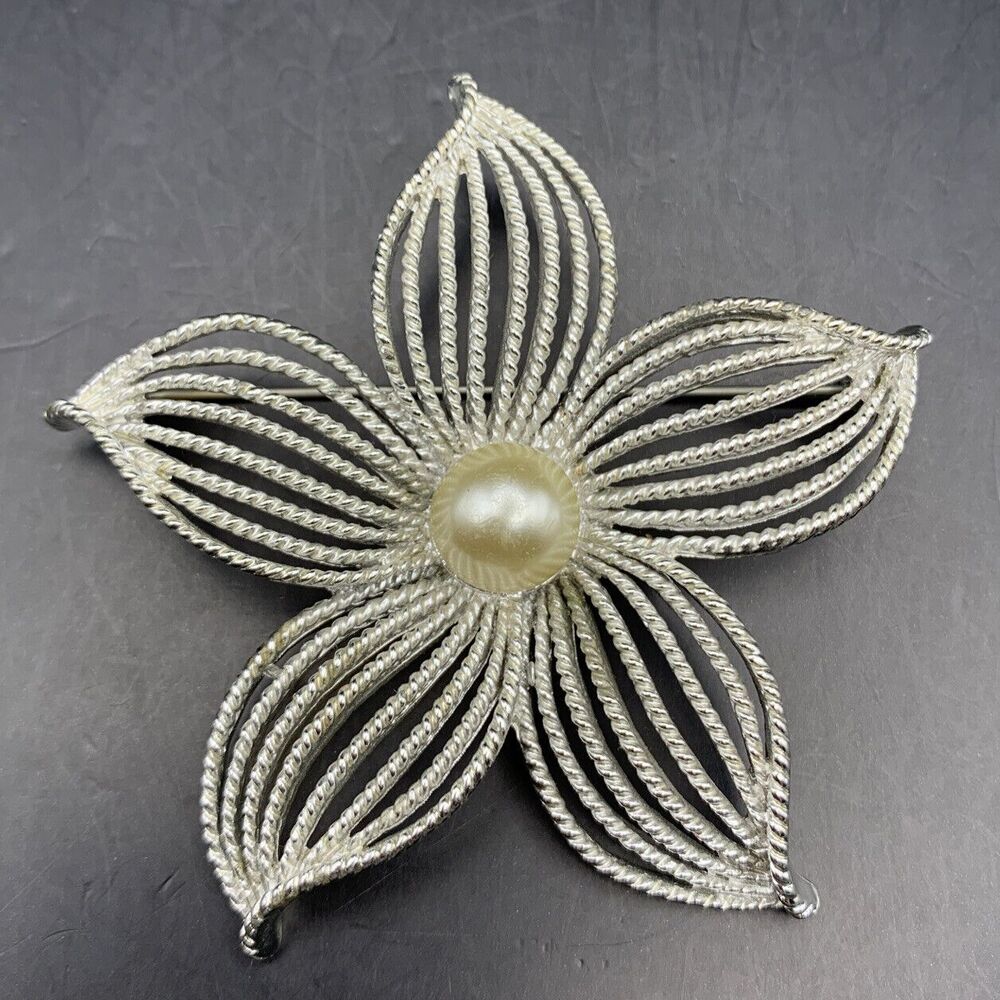 Sarah Coventry Moon Flower Brooch Pin Silver Tone Faux Pearl 1960s Vintage